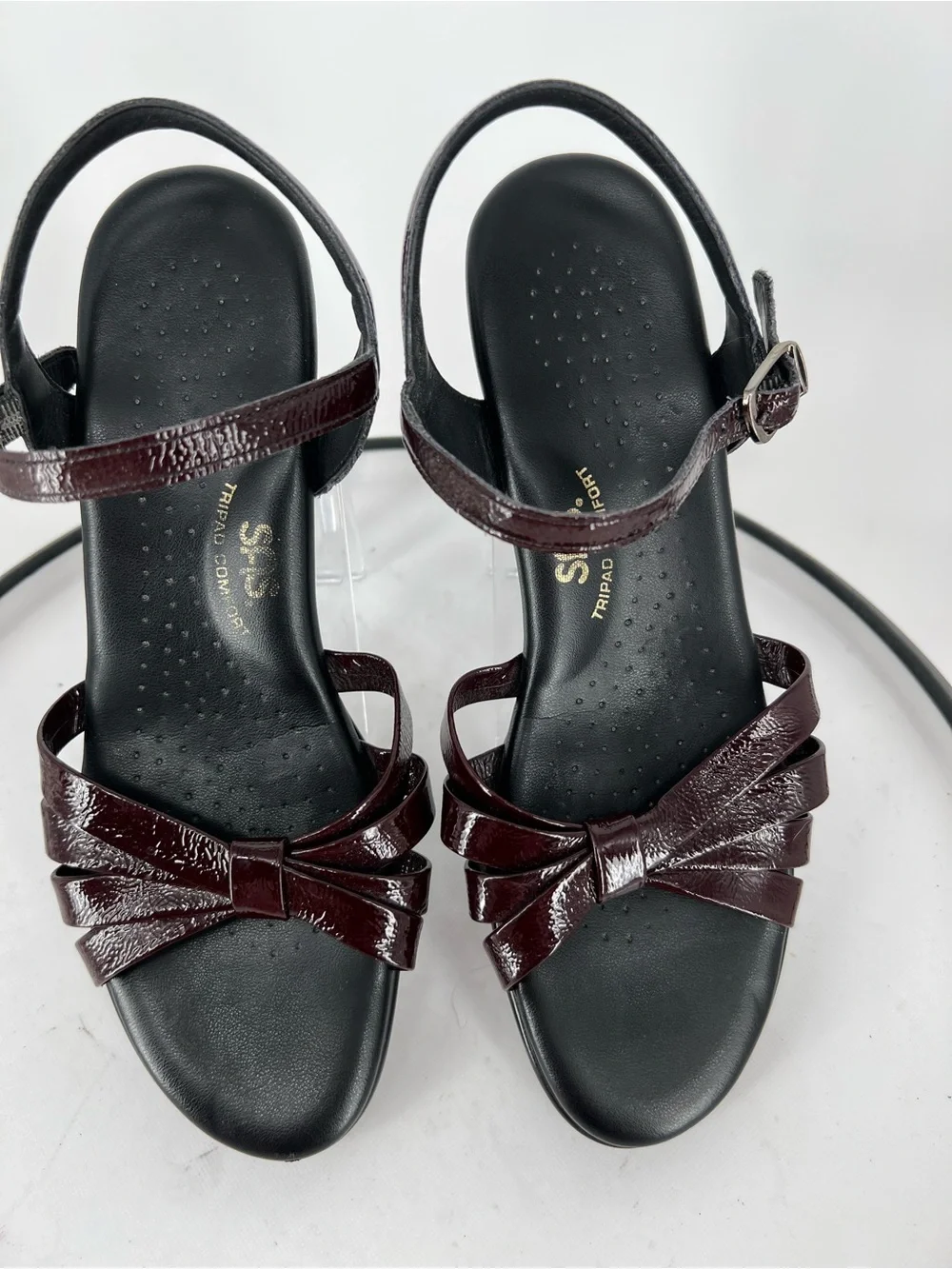 SAS Strippy Burgundy Patent Bow Ankle-Strap Sandals in Deep Burgundy